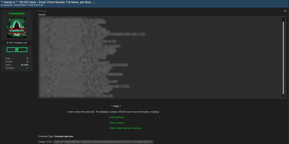 NhacDJ.Vn Allegedly Breached – 100,000 User Records Leaked, Including Emails, Phone Numbers, and Full Names