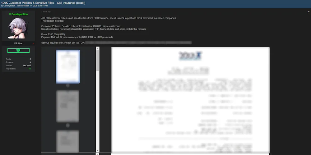 400K Clal Insurance Customer Records & Sensitive Files Allegedly Leaked on Dark Web