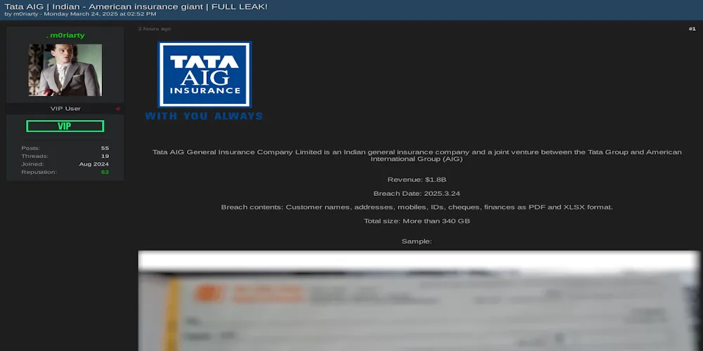 Alleged Data Breach of Tata AIG General Insurance Company Limited