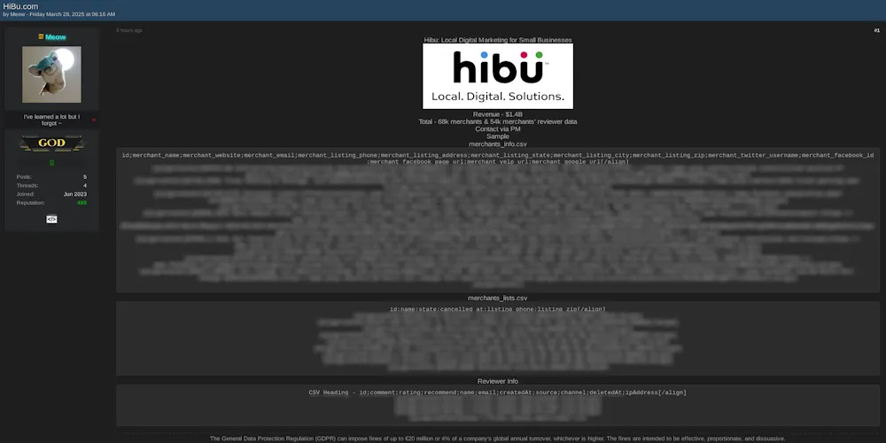 Alleged Data Breach and Sale of Hibu.com Merchant & Reviewer Database
