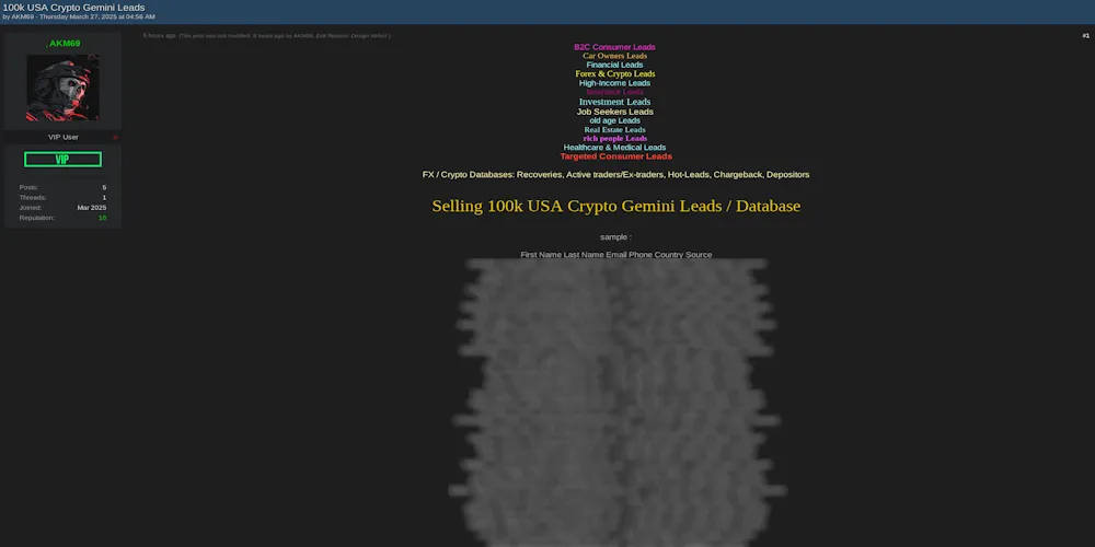 Alleged Sale of 100K U.S. Gemini Cryptocurrency User Leads