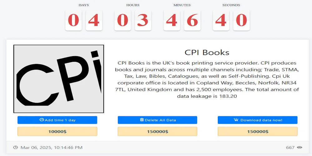 CPI Books UK Allegedly Targeted by MEDUSA Ransomware, 183 GB of Data at Risk
