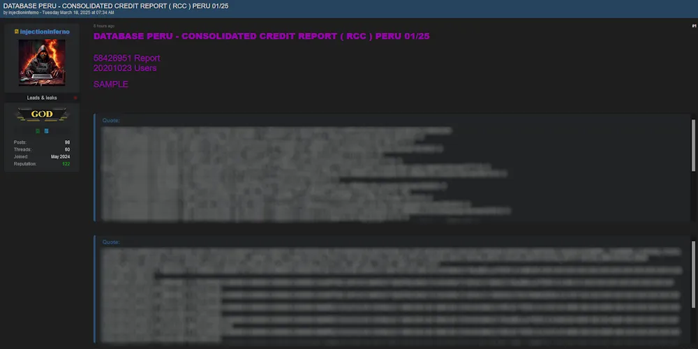 Alleged Sale of Peru's Consolidated Credit Report (RCC) Database