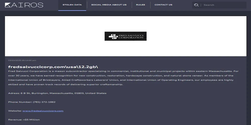 Fred Salvucci Corp Falls Victim to Kairos Ransomware, Sensitive Data Threatened