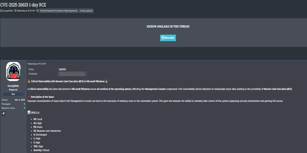 Alleged Sale of 1-Day Remote Code Execution (RCE) Exploit Targeting Microsoft Windows