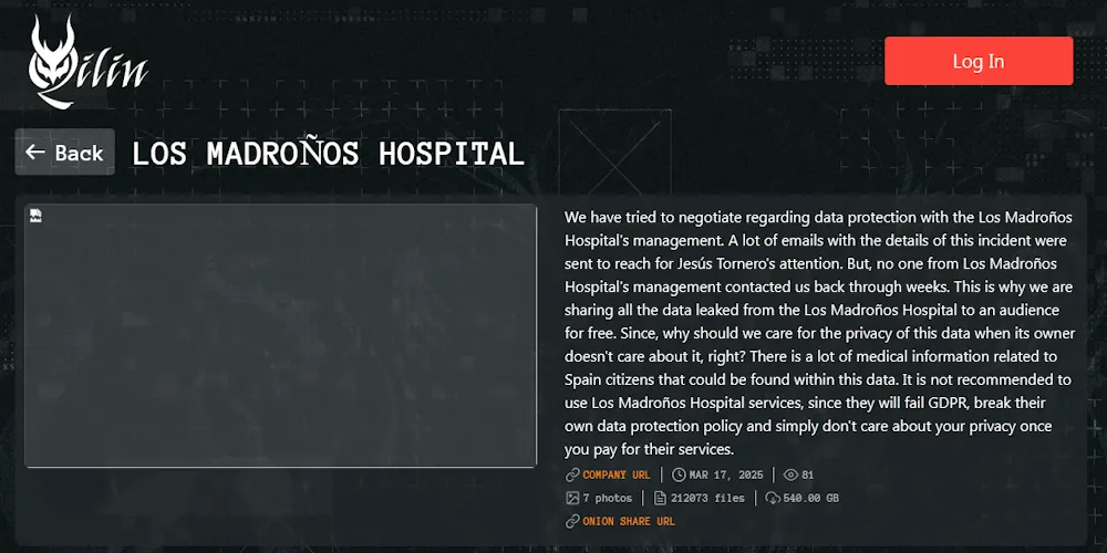 Qilin Ransomware Group Leaks Los Madroños Hospital Data