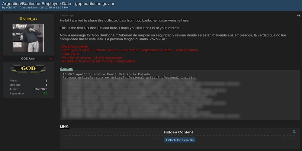 Alleged Data Leak of Municipality of San Carlos de Bariloche, Argentina