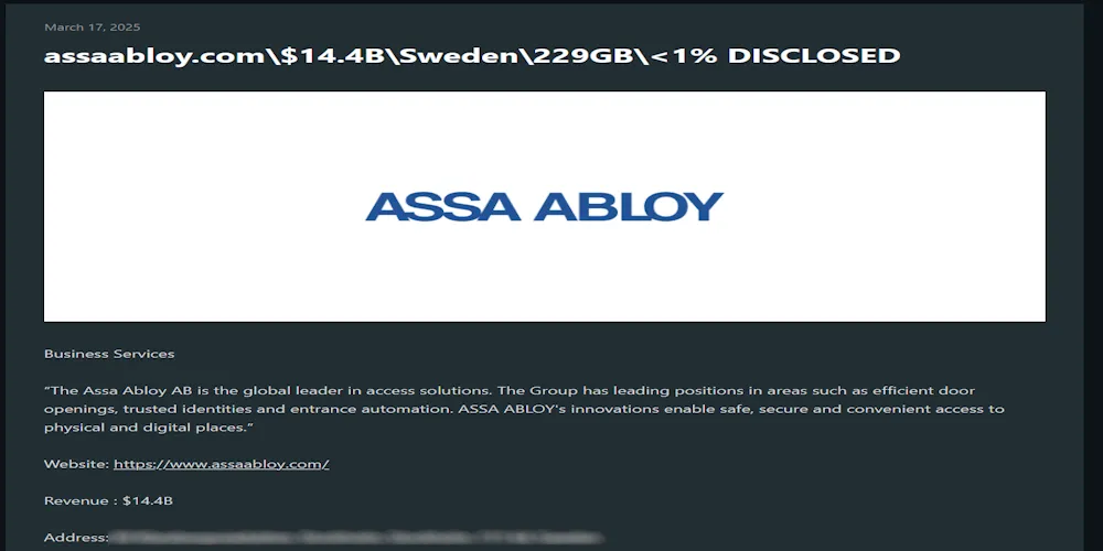 ASSA ABLOY Targeted by Cactus Ransomware – 229GB of Corporate & Executive Data Allegedly Stolen