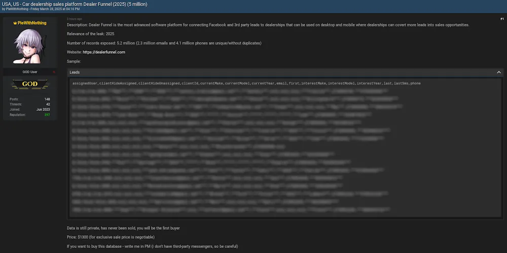 Alleged Data Breach of Dealer Funnel Car Sales Platform (5.2 Million Records)