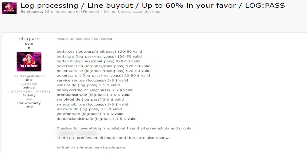 A Threat Actor Claims to be Selling Stolen Login Credentials for Betting and Telecom Accounts