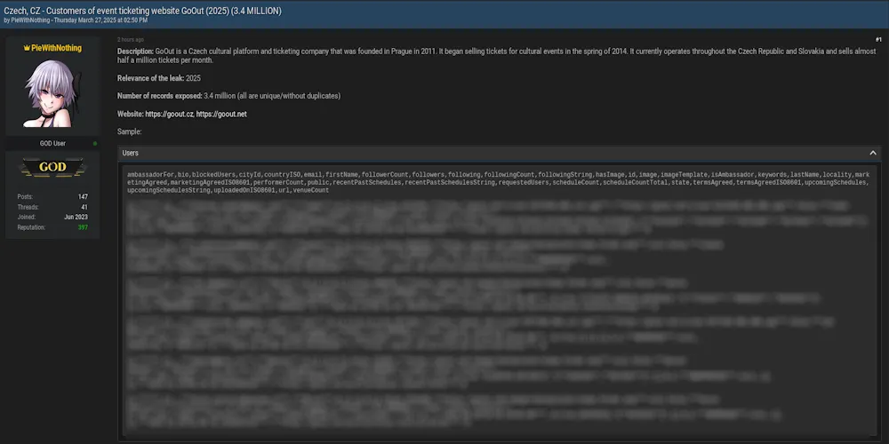 Alleged Data Breach and Sale of GoOut[.]cz Event Ticketing Database (2025, 3.4M Users)