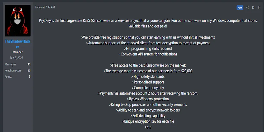 Alleged Promotion of Pay2Key Ransomware-as-a-Service (RaaS)