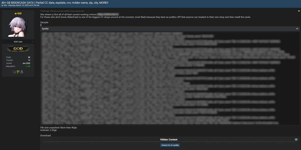 BidenCash Allegedly Breached – 40GB of Partial Credit Card Data Leaked on Cybercrime Forum