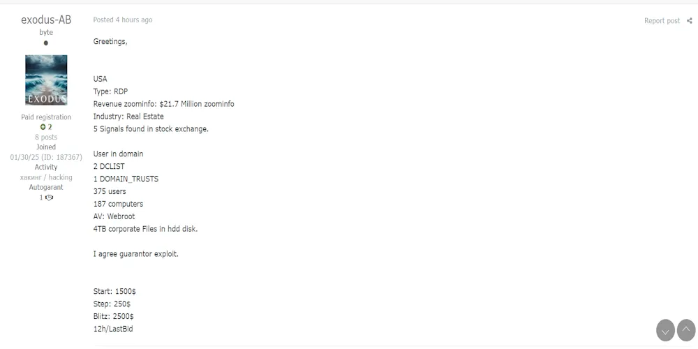 Alleged Sale of RDP Access to a Real Estate Organization in the USA