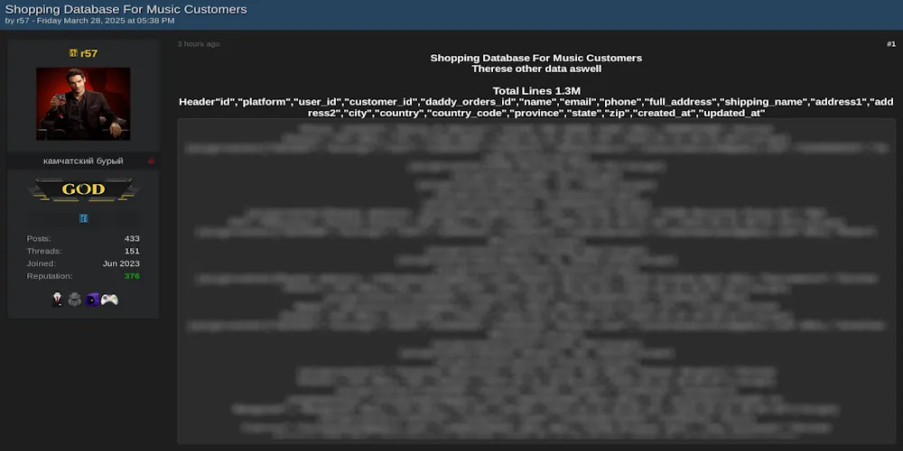 Alleged Data Leak of Shopping Database for Music Customers (1.3 Million Records)