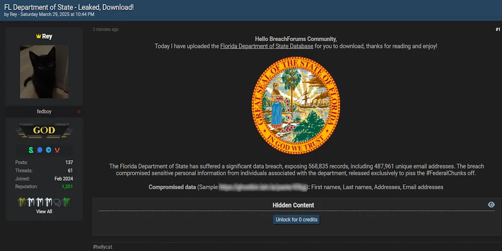 Alleged Data Breach of The Florida Department of State