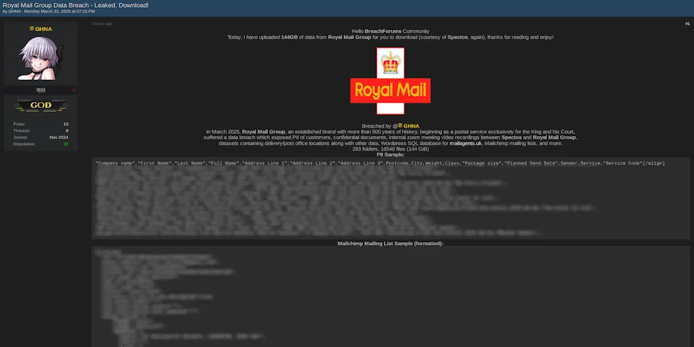 Alleged Data Breach of Royal Mail Group