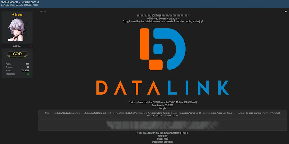 Threat Actor "Empire" Allegedly Selling 32,934 Records from Venezuelan Telecom Firm Datalink