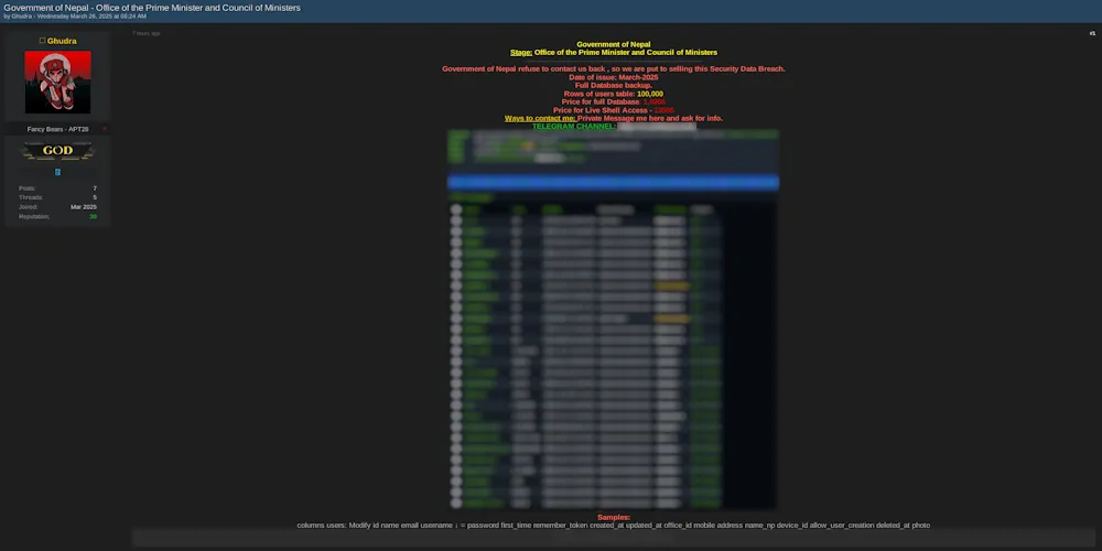 Alleged Sale of Database and Shell Access – Government of Nepal