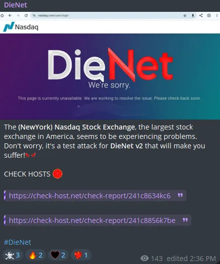 DieNet Targeted the Website of Nasdaq, Inc.