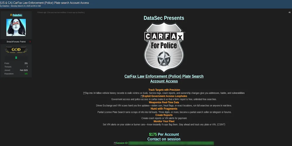 Alleged Sale of CarFax Law Enforcement Plate Search Service for USA and Canada