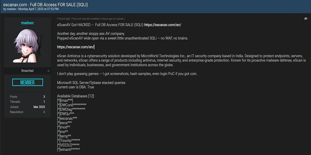 Alleged Database Sale of eScanAV