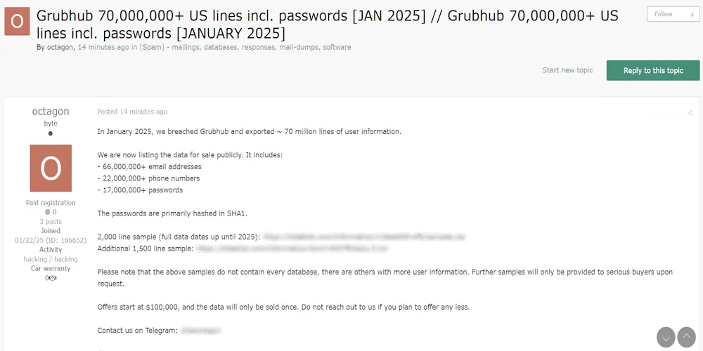 Alleged Grubhub Data Breach Exposes 70 Million User Records