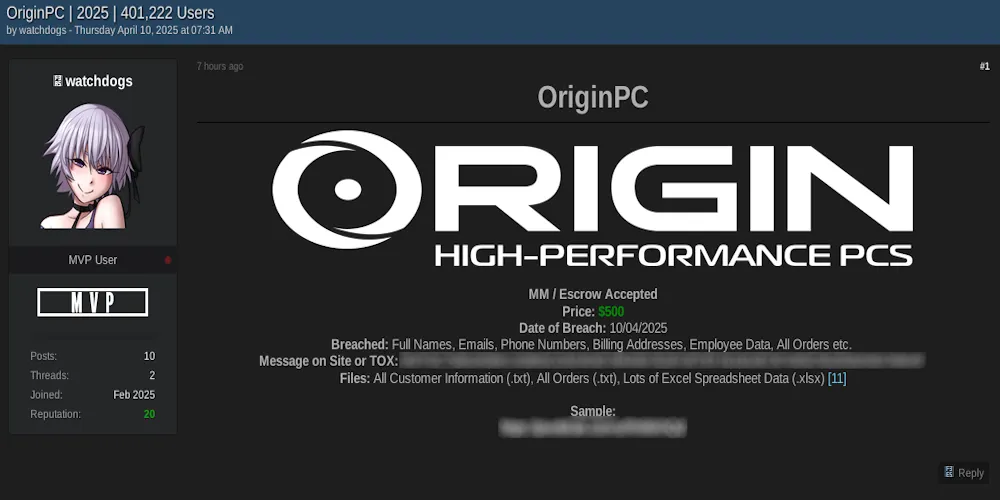 Alleged Data for Sale of Origin PC