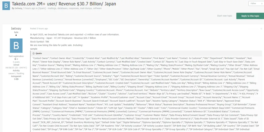 Alleged Database Sale of Takeda Pharmaceutical Company