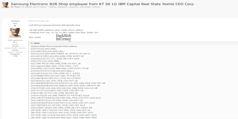 Alleged Sale of Employee Data from Samsung Electronics B2B Shop
