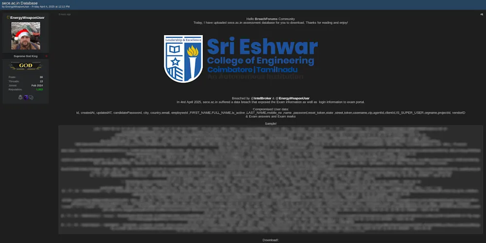 Sri Eshwar College of Engineering Database Allegedly Leaked: Exam Results and Login Credentials Exposed