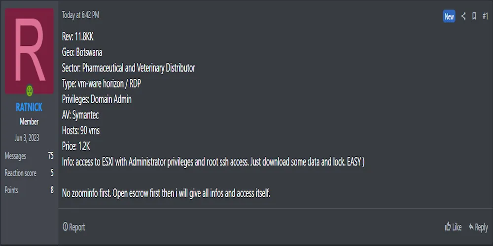 Alleged Sale of RDP Access to an Unidentified Pharmaceuticals Company in Botswana