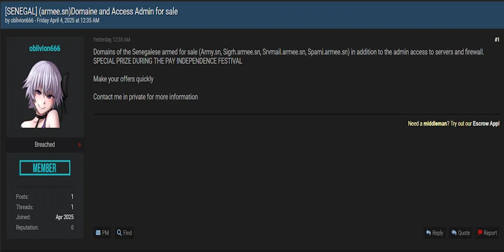 Alleged Sale of Administrative Access to Senegalese Armed Forces Domains, Including Servers and Firewalls