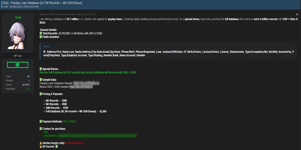 Massive Payday Loan Database Leak: 43.7 Million U.S. Records for Sale, Includes Bonus SSNs and DOBs