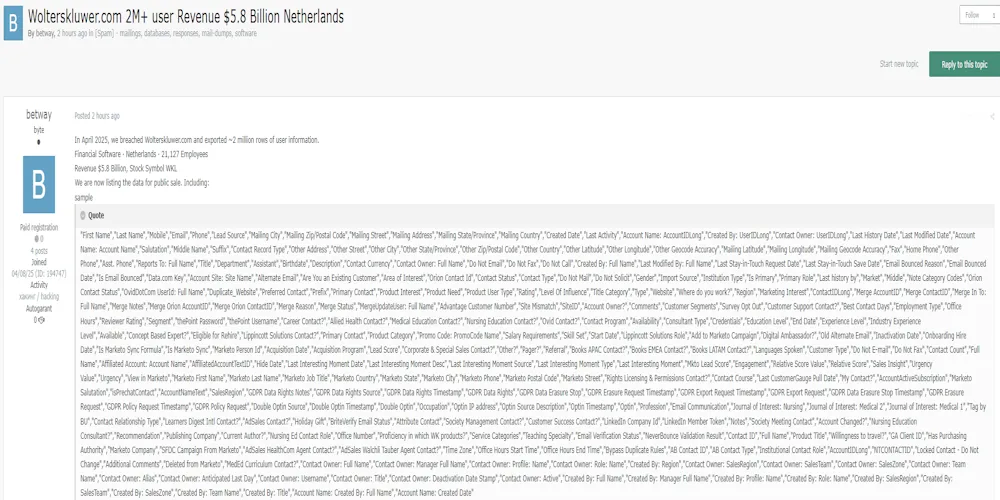 Alleged Data for Sale from Wolters Kluwer