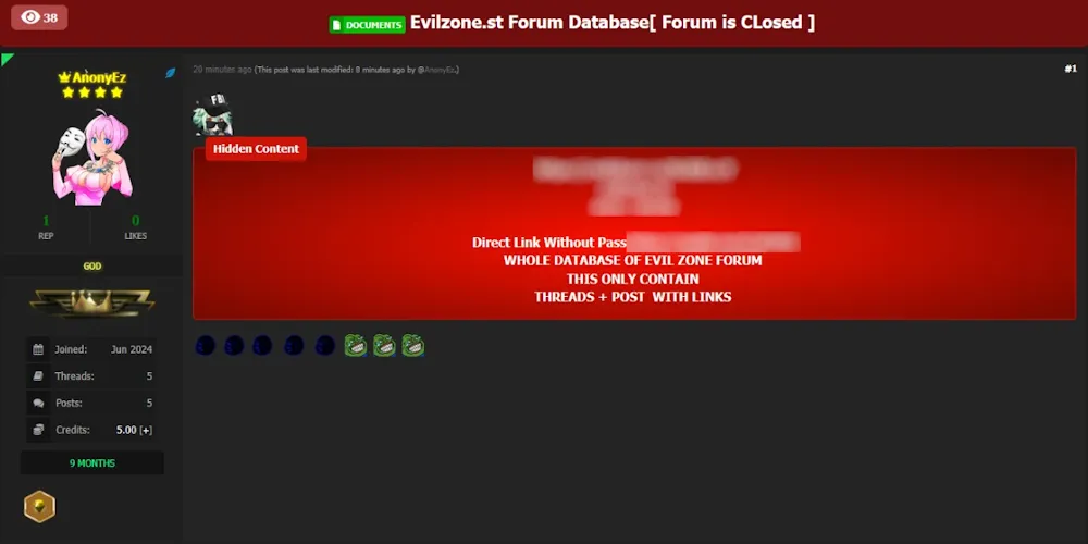 Alleged Leak of Data of Evilzone[.]st