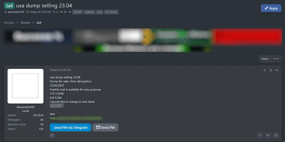 Alleged Sale of U.S. Payment Card Data