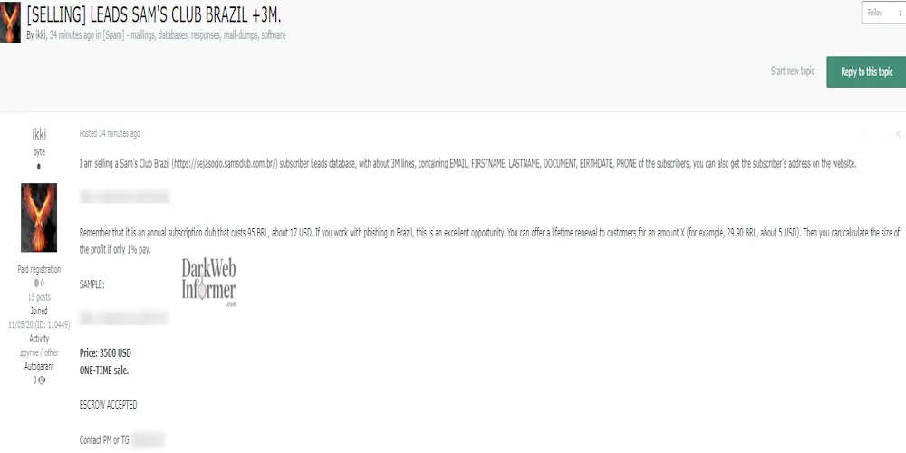 Alleged Sale of Lead Data of Sam's Club Brazil