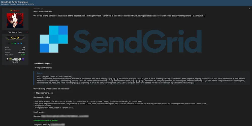 Alleged Database Sale of SendGrid: Nearly 850,000 Customer and Corporate Records Offered for $2,000