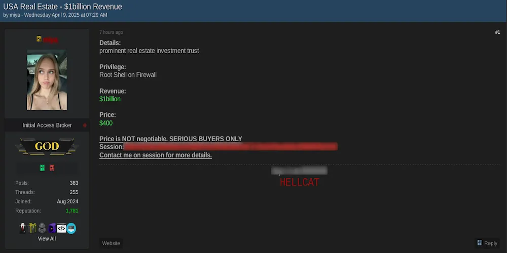 Alleged Sale of Access to an Unidentified U.S. Real Estate Company