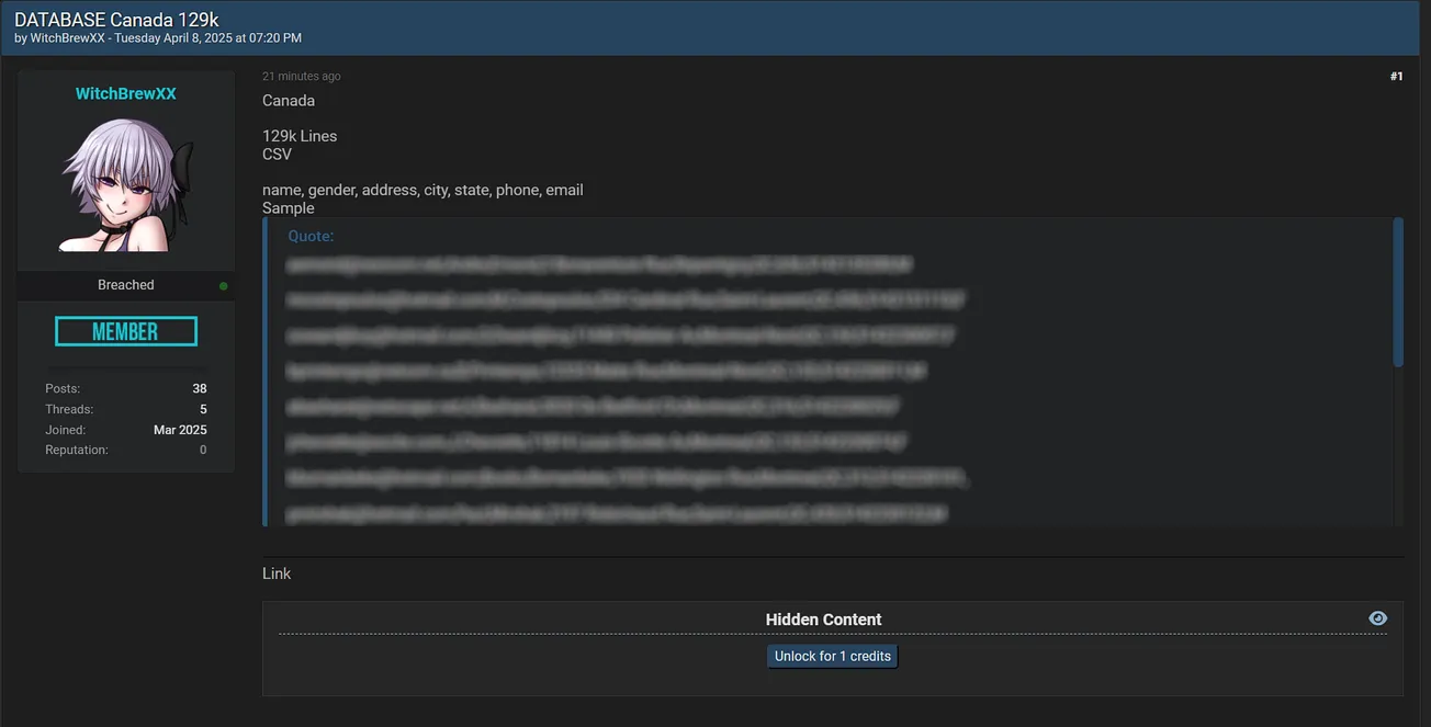 Alleged Data leak of an Unidentified Company in Canada