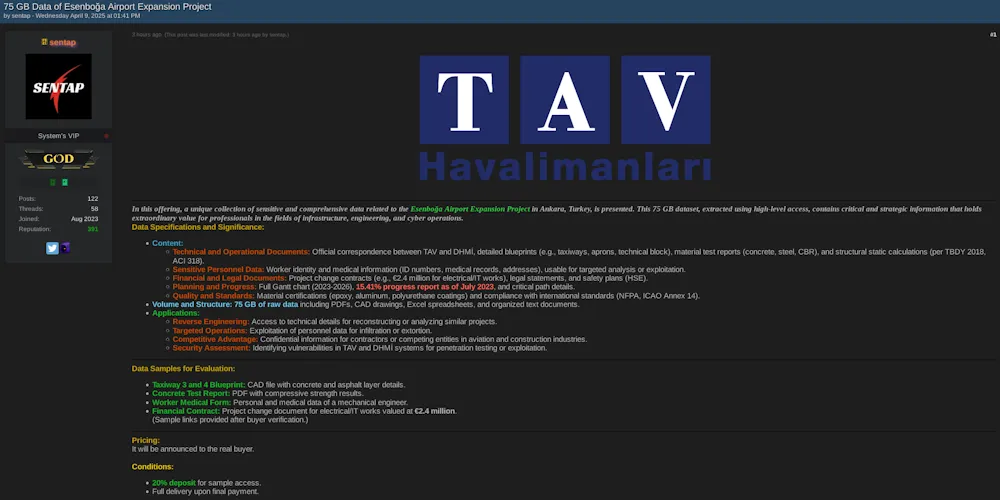 75 GB of Sensitive Airport Infrastructure Data Allegedly Leaked from TAV Havalimanları