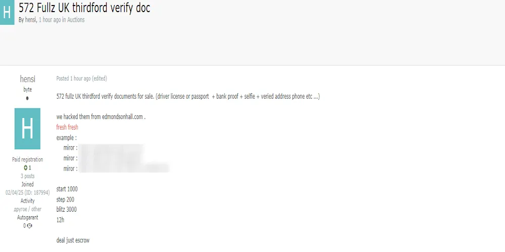 Alleged Sale of 572 UK Fullz