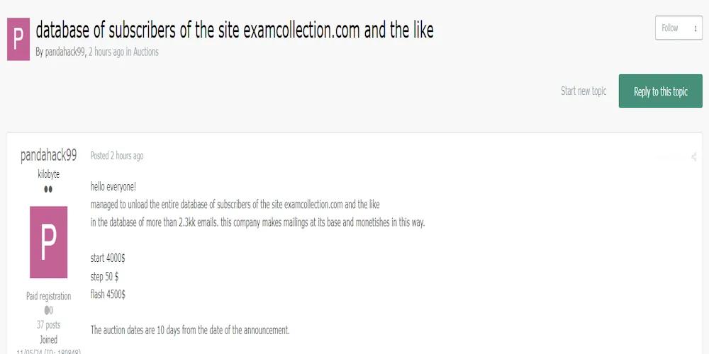 Alleged Data for Sale of ExamCollection