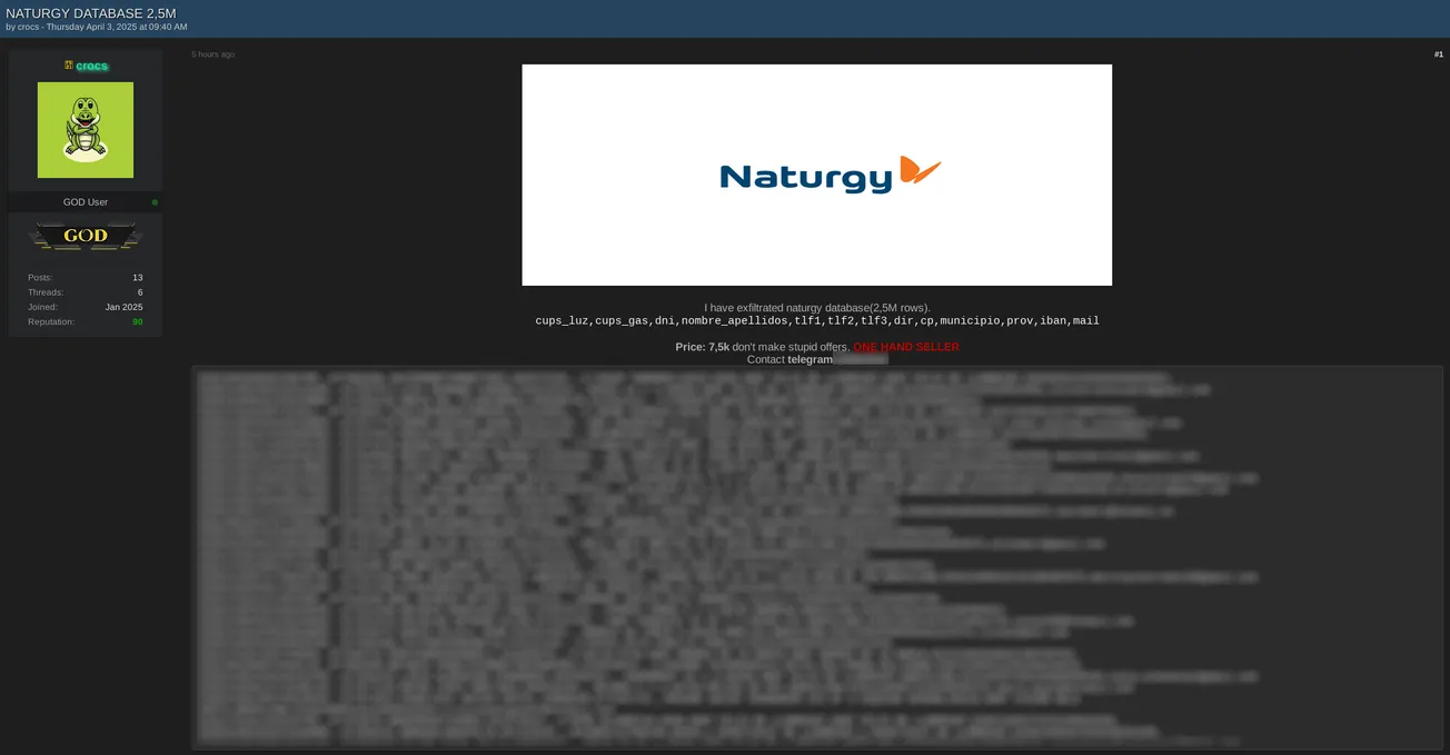 Alleged Sale of Naturgy Energy Group Customer Database: 2.5 Million Records Exposed on Breach Forums