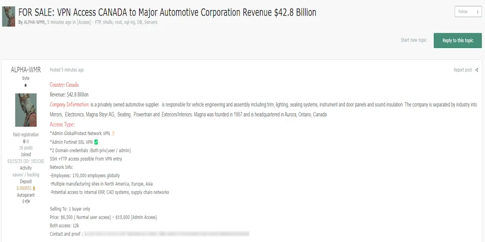 A Threat Actor Claims to be Selling Unauthorized VPN Access to a Canadian Automotive Company