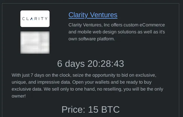 Clarity Ventures Targeted by RHYSIDA Ransomware Group: Internal Financial Documents Auctioned for 15 BTC