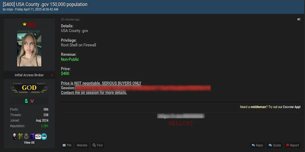 Alleged access sale of unidentified USA County Government Network