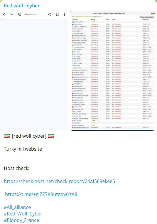 Red wolf ceyber Launched a DDoS attack on Turkey Hill