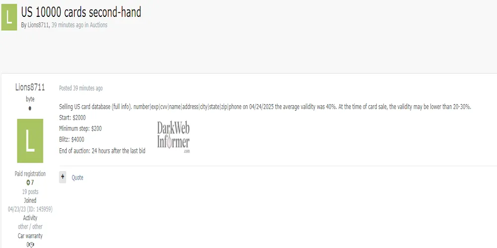 Alleged Sale of 10,000 US Credit Cards